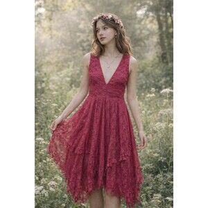 Women Y2K Lace Dress Blush Sheer Tiered Fairy Coquette Cottage‎ Boho Festival L